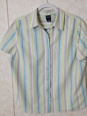 Striped Short Sleeve Button Shirt Multi Color Basic Editions Womens Size L